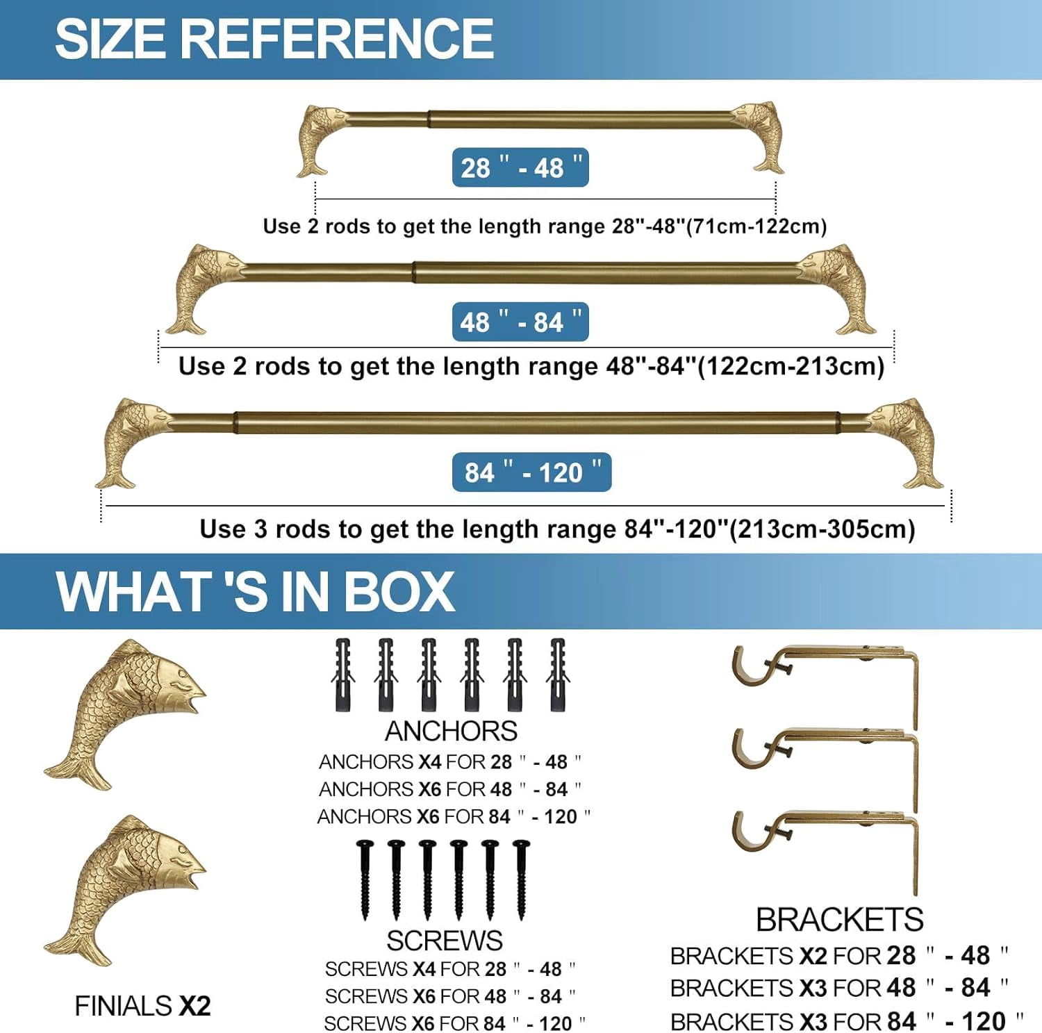 Urbanest Adjustable Single Curtain Rod Set Fish Finials – 3/4 - Inch Diameter, With Renaissance Gold Rod, 48–84 Inches