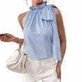 thumbnail image 3 of Women'S Sleeveless Stripe Stand Collar Tie Front Ruffle Detail Ribbon Strap Tank Top M, 3 of 9
