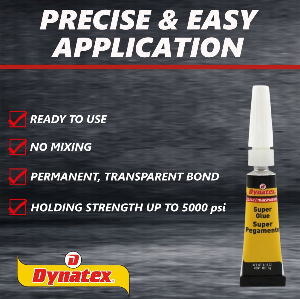 Dynatex .10 oz Super Glue Instant Adhesive - Bonds Glass Metal Plastic Rubber, 5000 PSI Strength, Clear Bond, Up to 175°F, Stronger Than Standard (12-Pack)