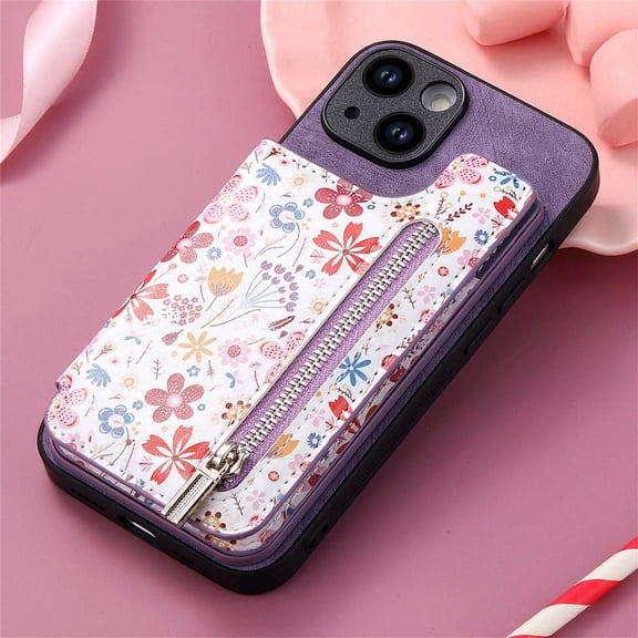 Nalacover Case for iPhone 16 Wallet Case with Card Slots Zipper Pocket, Floral Pattern PU Leather Flip Kickstand Cover for Women Girls, RFID Blocking Shockproof Case, Purple