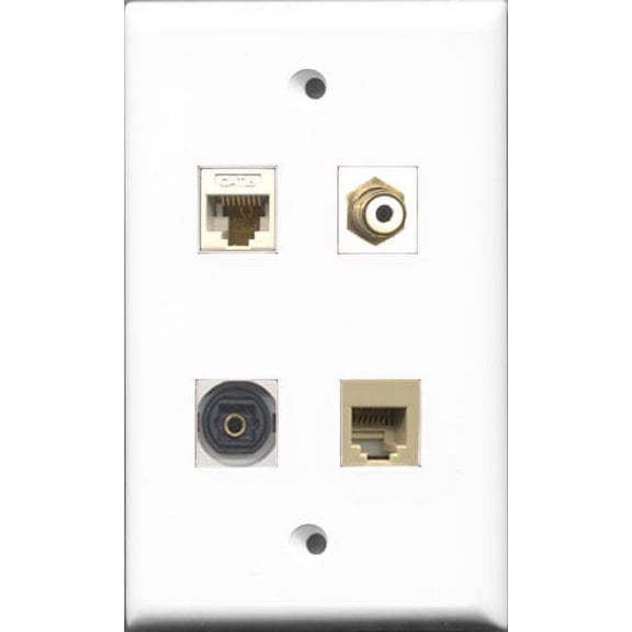 RiteAV 1 Port RCA White and 1 Port Phone RJ11 RJ12 Beige and 1 Port Toslink and 1 Port Cat6 Ethernet White Wall Plate