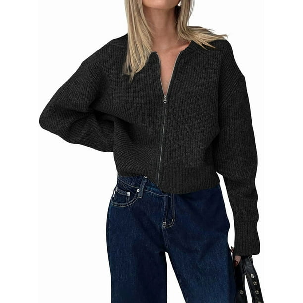 Cárdigan Holgado de Cuello Redondo, Larga, con Cremallera Frontal, para Mujer, Moderno Suéter de Punto con Cremallera, Abrigos de Otoño. Negro L