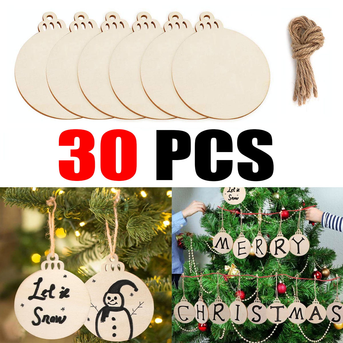50pcs Wood Christmas Tree Ornament Wooden Hanging Pendants DIY Xmas Party Decor 