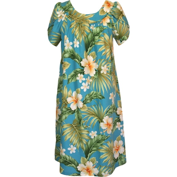 RJC Women's Hibiscus Plumeria Fern Muumuu Dress, Blue, L