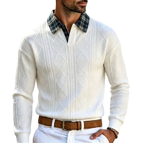 Annhoo Mens Cable Knit Sweater Textured Lapel V Neck Long Sleeve Relaxed Pullover Fashion Casual Dressy Tops