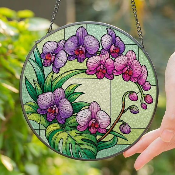 Lotusprinthandmade Orchid Floral Stained Glass Suncatcher for Window Hanging Cir4in, Floral Window Hanging Decor Art