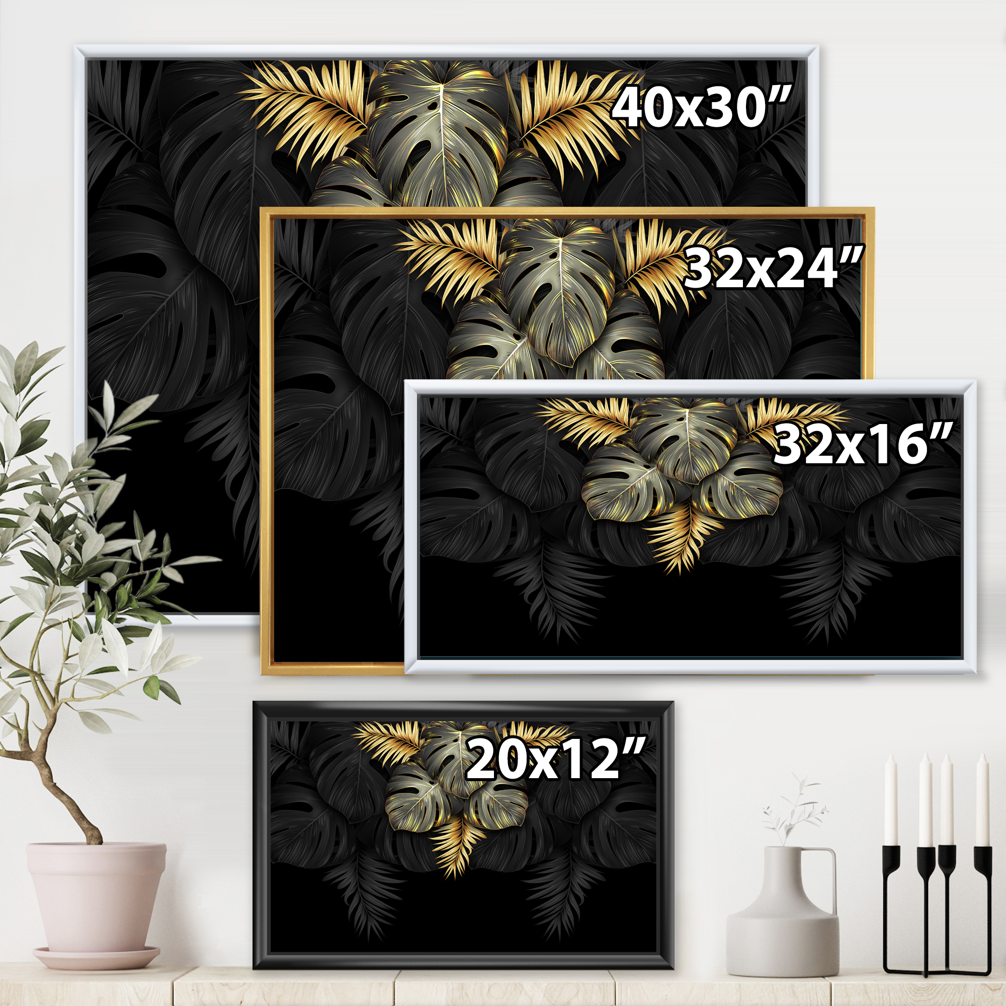 Designart 'Gold and Black Tropical Leaves IV' Modern Framed Canvas Wall Art Print