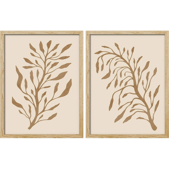 PixonSign Framed Wall Art Botanical Elegance Neutral Toned Leaf Posters, Set of 2 Nature Wilderness Duotone Illustrations Wall Decor, Adhesive Canvas Prints for Home Decor - 11"x14" Natural