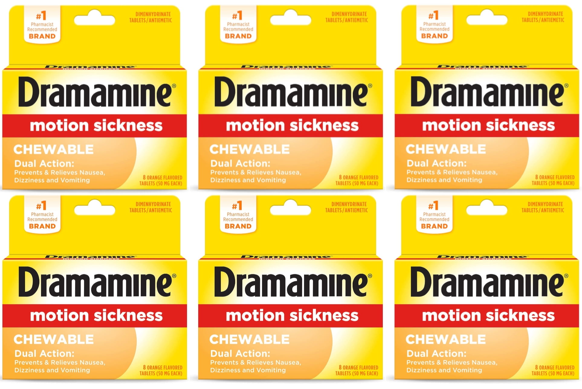 Dramamine Motion Sickness Relief Chewable Orange Flavored Tablets 8 ea (Pack of 6)