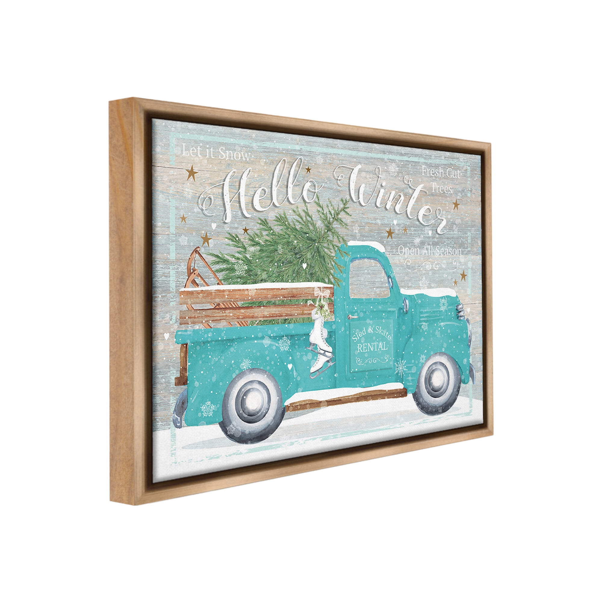 Stupell Industries Rustic Hello Winter Truck Holiday Painting Brown Floater Framed Canvas Art Print Wall Art, 31 x 25