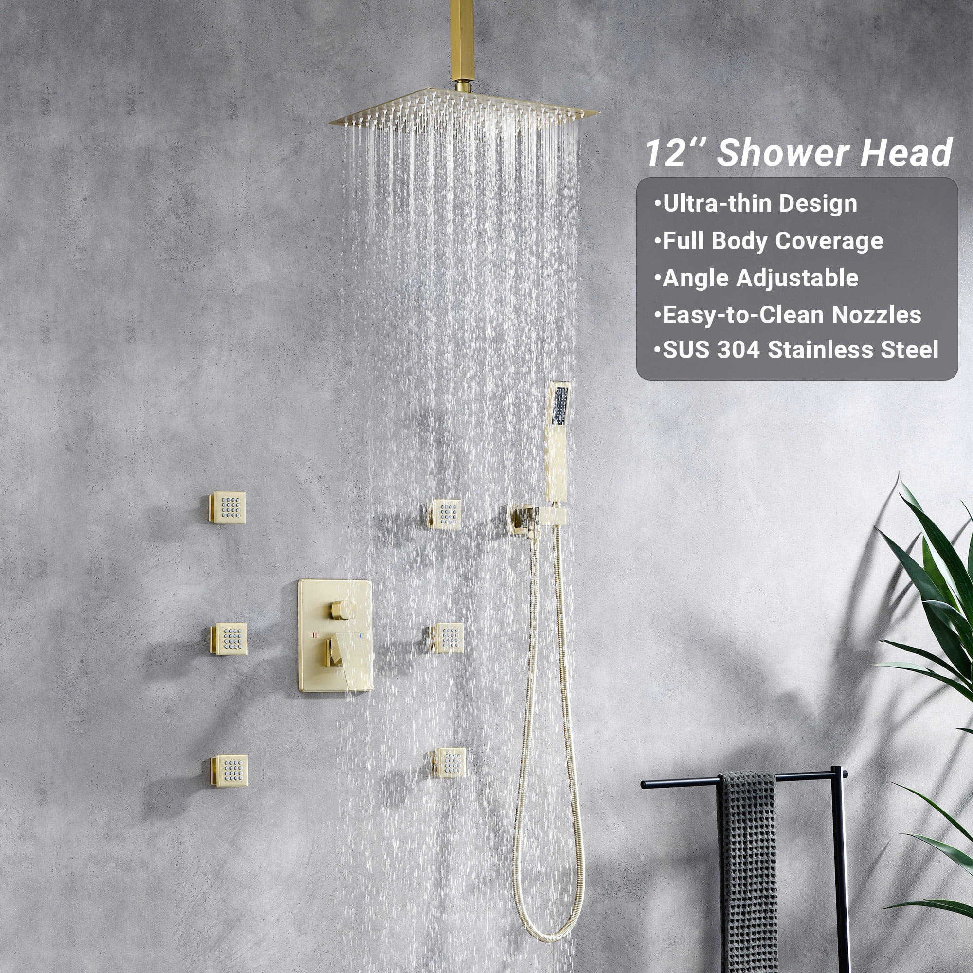 Shower Jets Rain Shower System with 12'' Ceiling Shower & Hand Shower, Brushed Gold Overhead Full Body Shower System with Body Shower Spray Jets Rain Shower Set