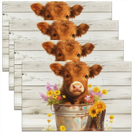 

Erosebridal Highland Cow Placemats Set of 4 18 x12 Highland Cattle Placemat for Kitchen Dining Table Decor Indoor Outdoor Animal Table Place Mats Wildlife Decor Table Place Mats Milk Beige