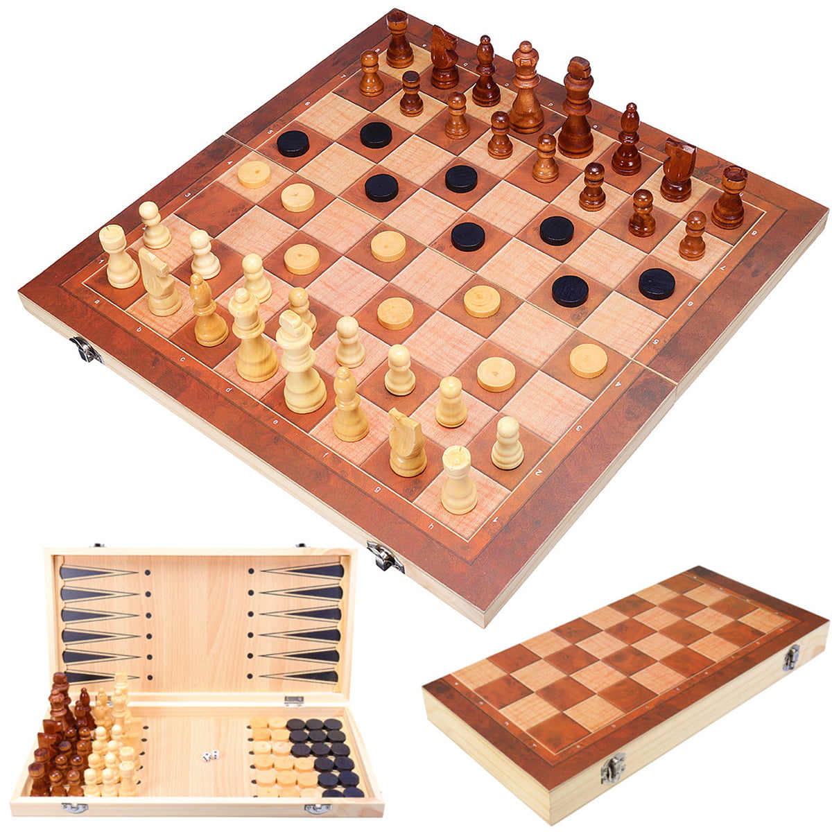 3in1 Large FOLDING WOODEN CHESS SECT  Board Game Checkers Backgammon Draught SE