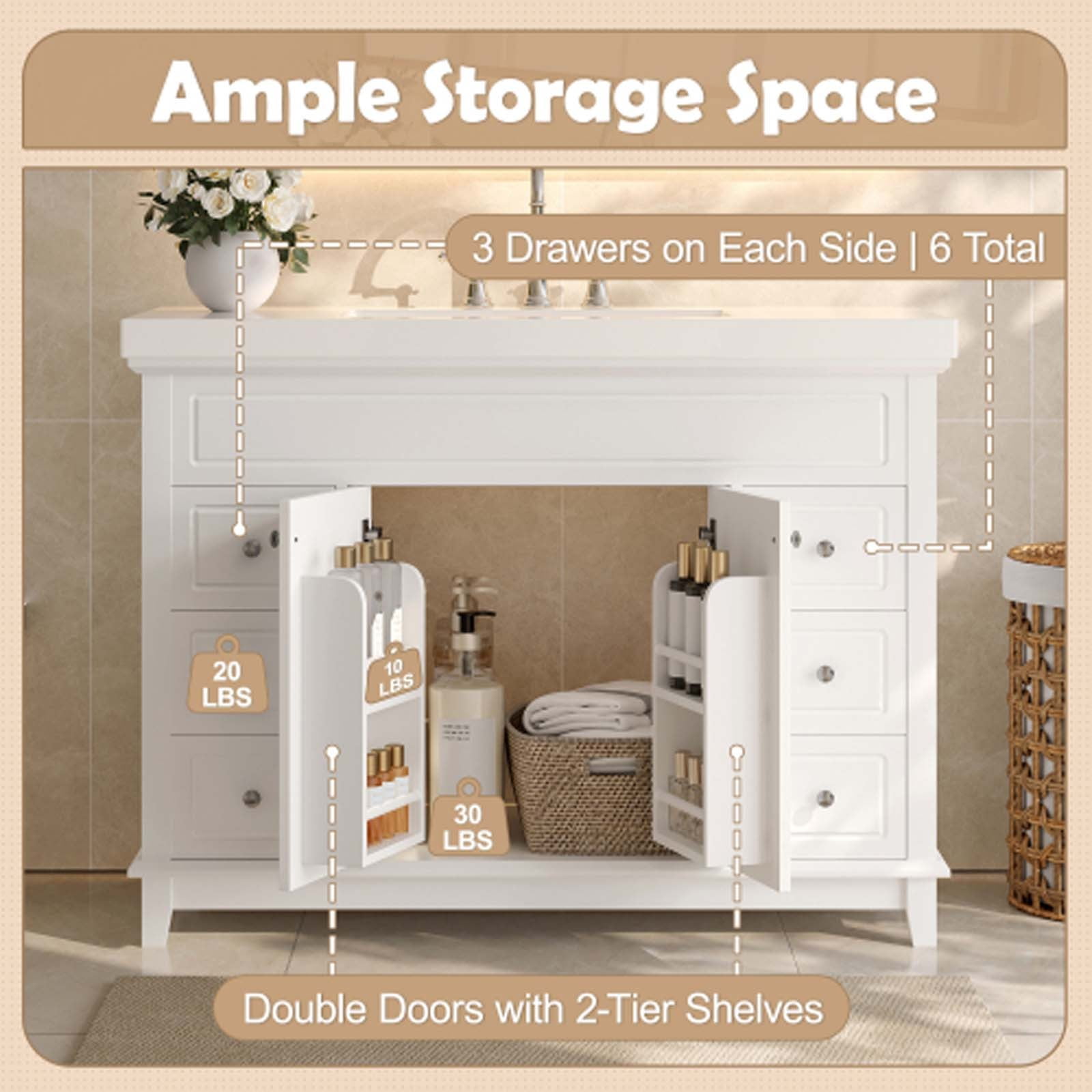 Bathroom Vanities - White Bathroom Vanity Cabinet, Vanity Cabinet with 6 Soft-Close Drawers & 2-Tier Shelves, MDF Pine Wood Base for Powder Room/Laundry