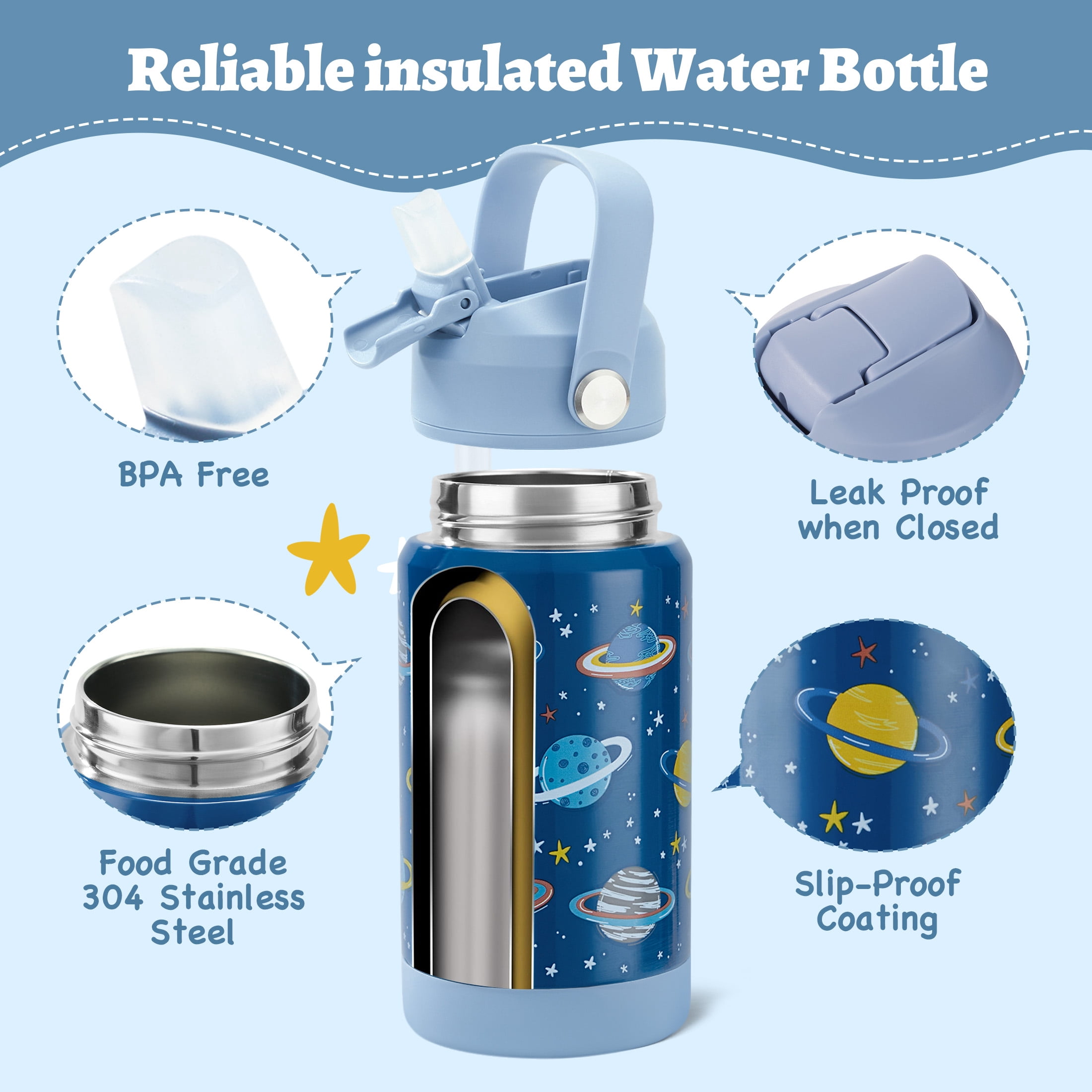 Hawsaiy 12oz Kids Insulated Water Bottle with Straw Lid, Leak-Proof Stainless Steel BPA-Free Thermos for School Boys and Girls