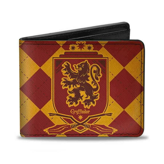 The Wizarding World of Harry Potter Wallet, Bifold, Harry Potter Gryffindor Shield Brooms Argyle Gold Burgundy, Vegan Leather