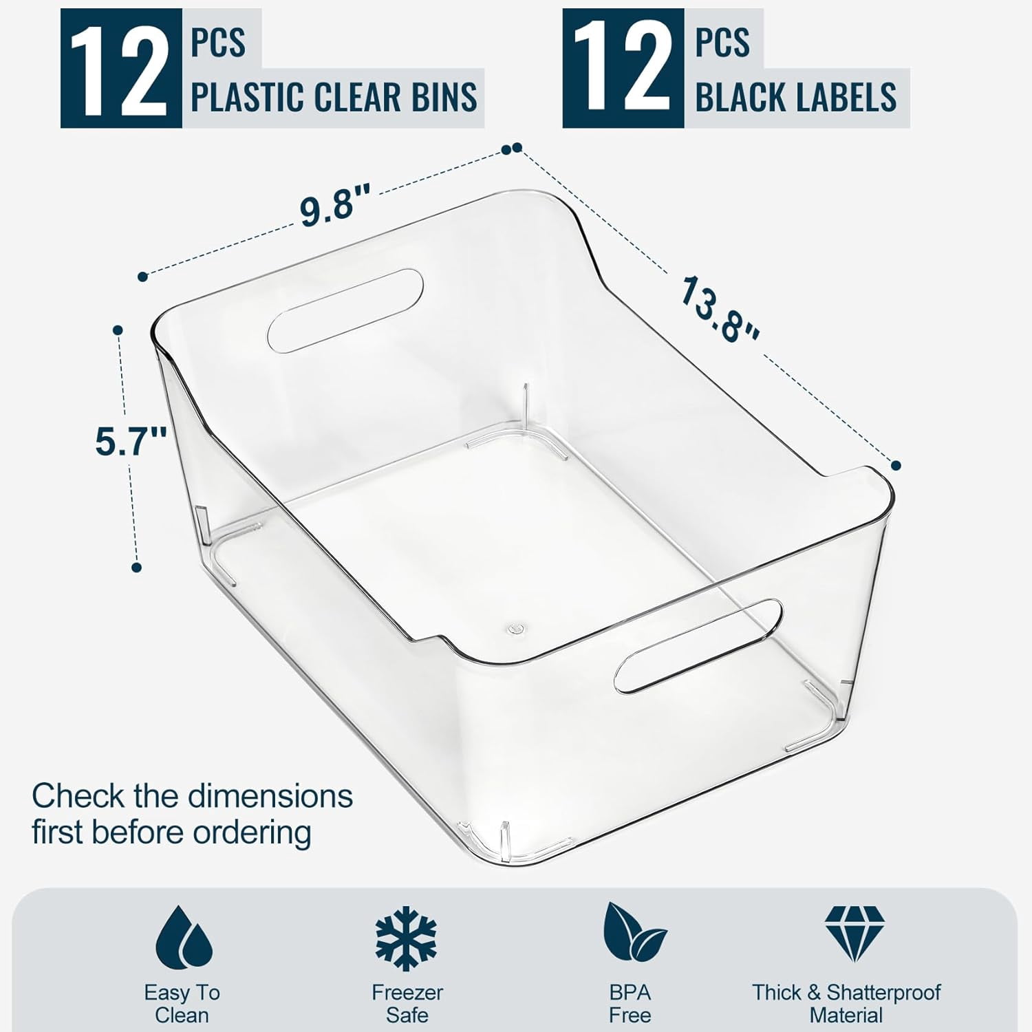 12 PACK Multi-Use Clear Plastic Storage Bins for Organizing w/Labels - Home, Kitchen, Pantry, Bathroom, Office, Cabinet Shelf Organizer Bins  Collection, RV, Fridge Organization Containers - L
