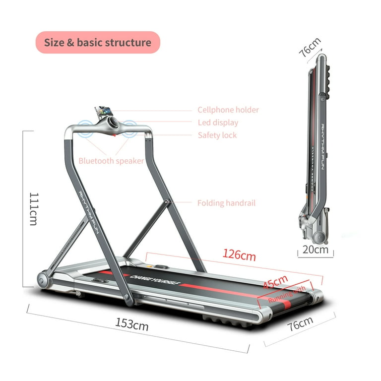 RHYTHM FUN Treadmills for Home 2 in 1 Folding Treadmill Under Desk Treadmill Walking Pad with Foldable Handrail 18