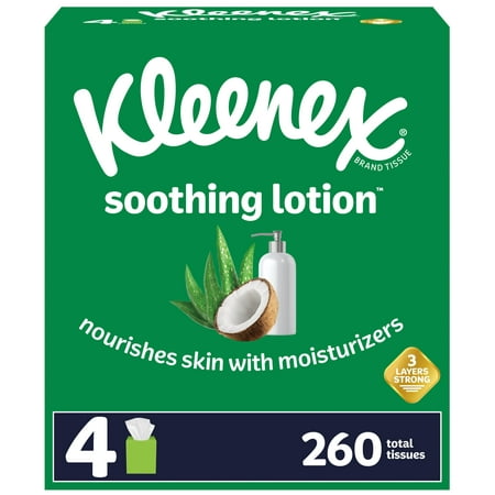 Kleenex Soothing Lotion Facial Tissues, 4 Cube Boxes (260 Total Tissues)