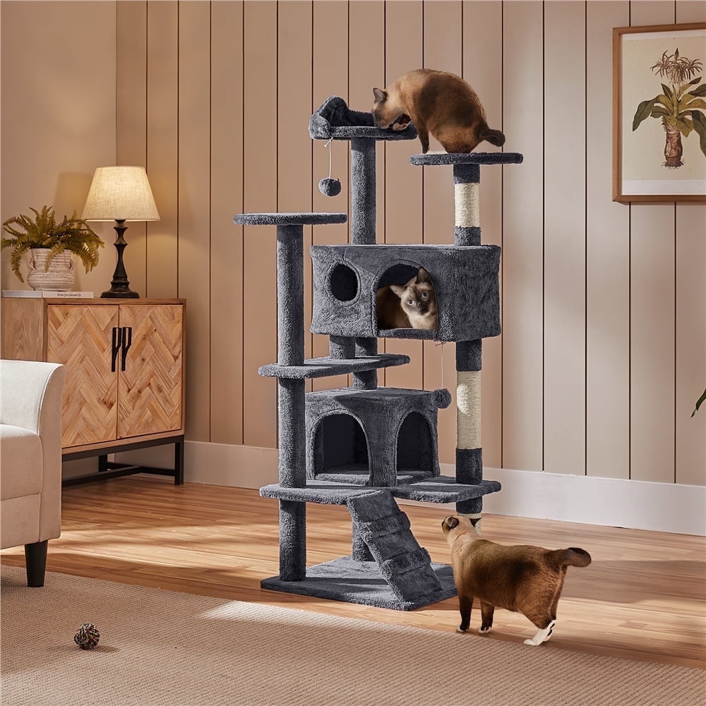 Yaheetech 53.9" H Cat Tree with Double Condos, Scratching Posts & Toys, Dark Gray
