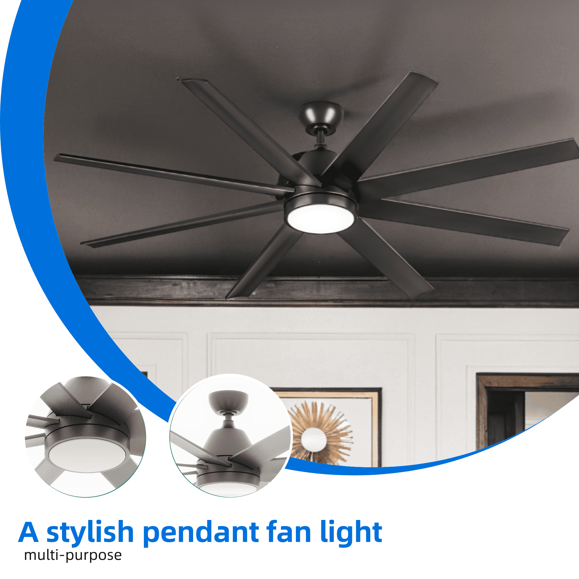 Dextrus 65-Inch 8-Blade Black Ceiling Fan with LED Light, 6-Speed Quiet DC Motor, Tri-Color Temperatures for Indoor/Outdoor Spaces