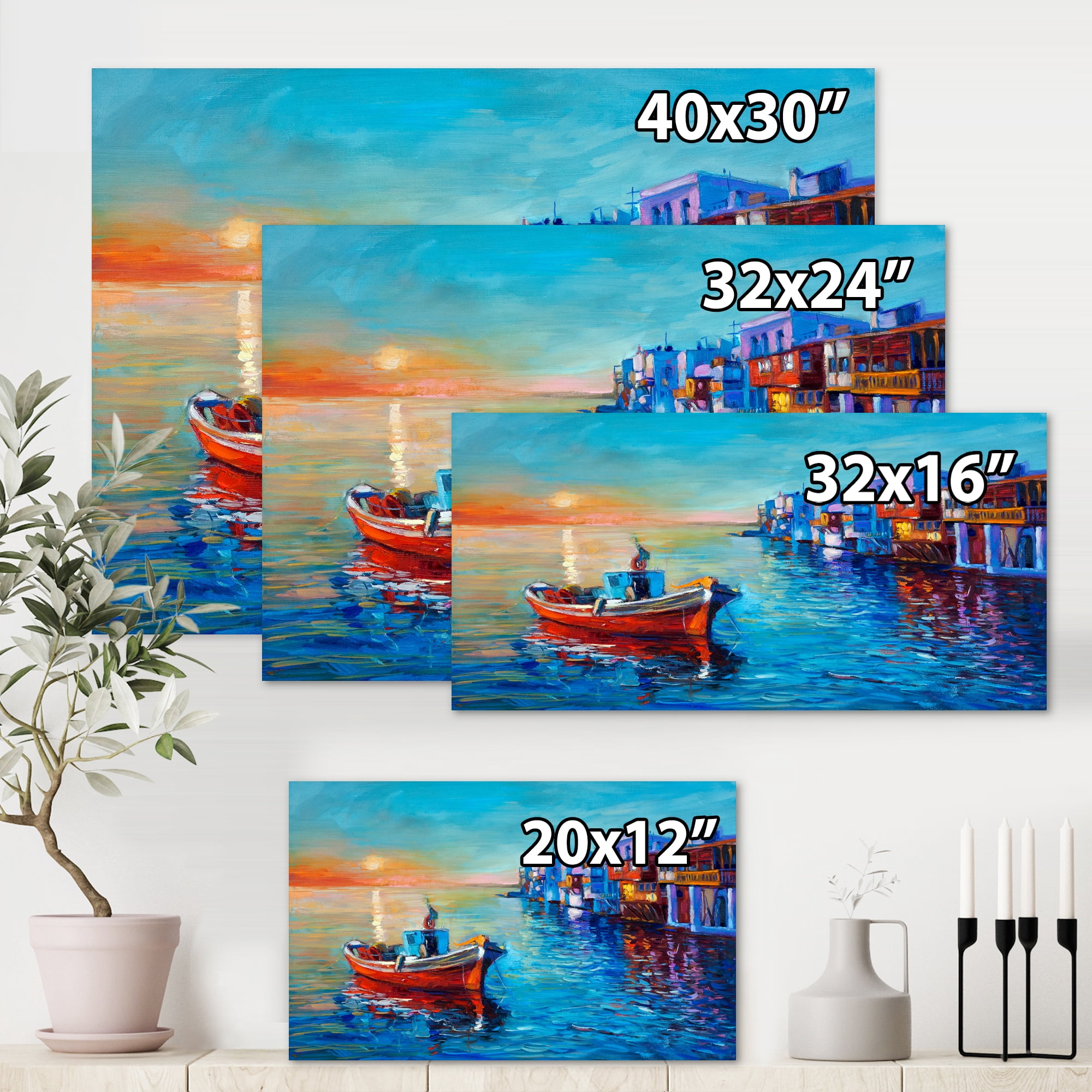 Designart ' Boats Near Coastal Town Resting On The Water I ' Nautical & Coastal Canvas Wall Art Print