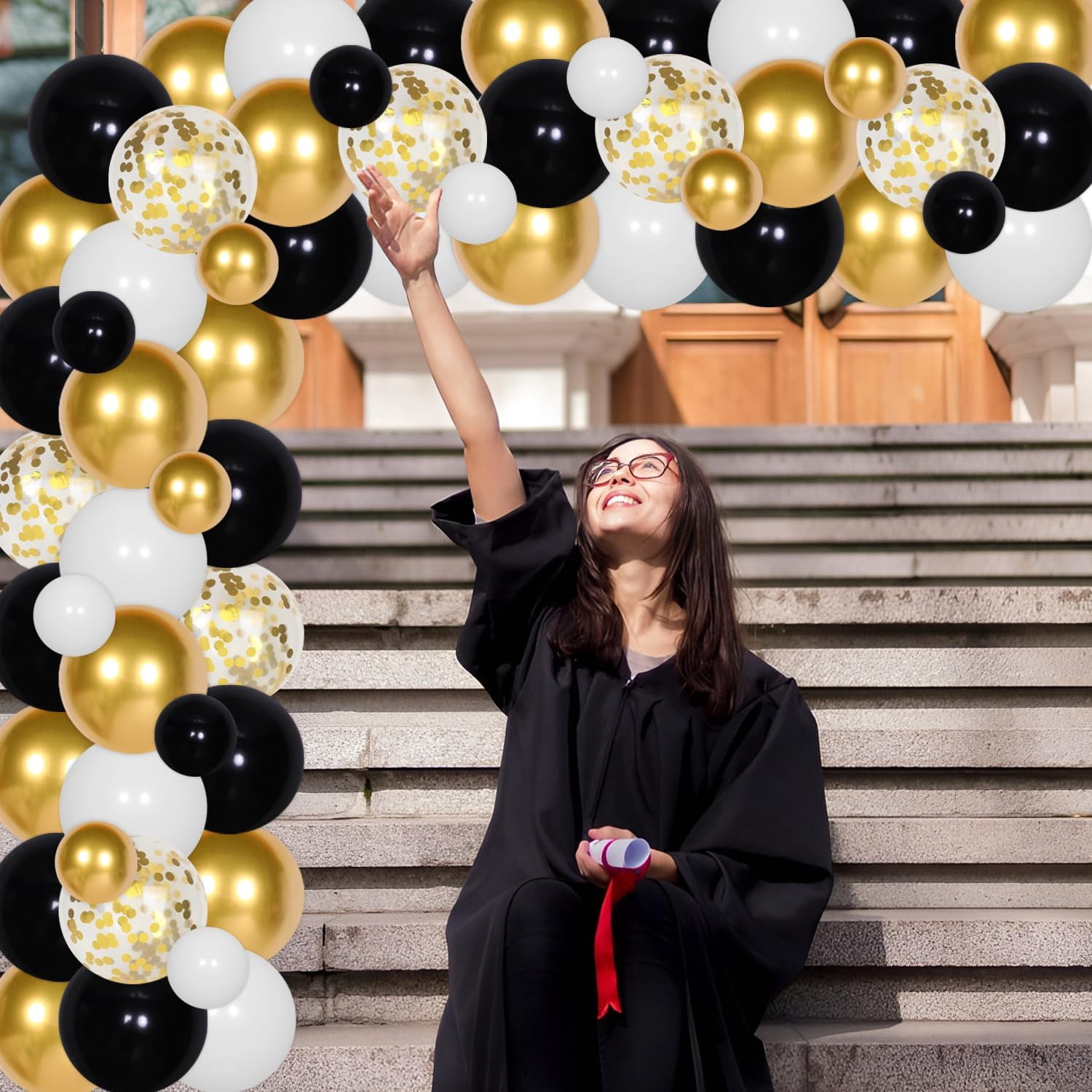 79Pcs Black Gold 8th Grade Graduation Decorations 2024 - 8th Grade Grad Backdrop Black Gold Balloon Garland Arch Kit for Boy Girl Kids Class of 2024 Eighth Grade Graduation Party Supplies