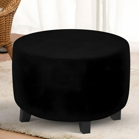 LAMIRO Stretch Velvet Round Ottoman Slipcover Soft Storage Stool Cover Furniture Protector,Black