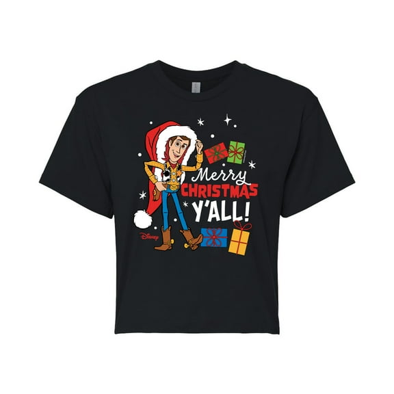 Toy Story - Merry Christmas Yall Woody - Juniors Cropped Cotton Blend T-Shirt