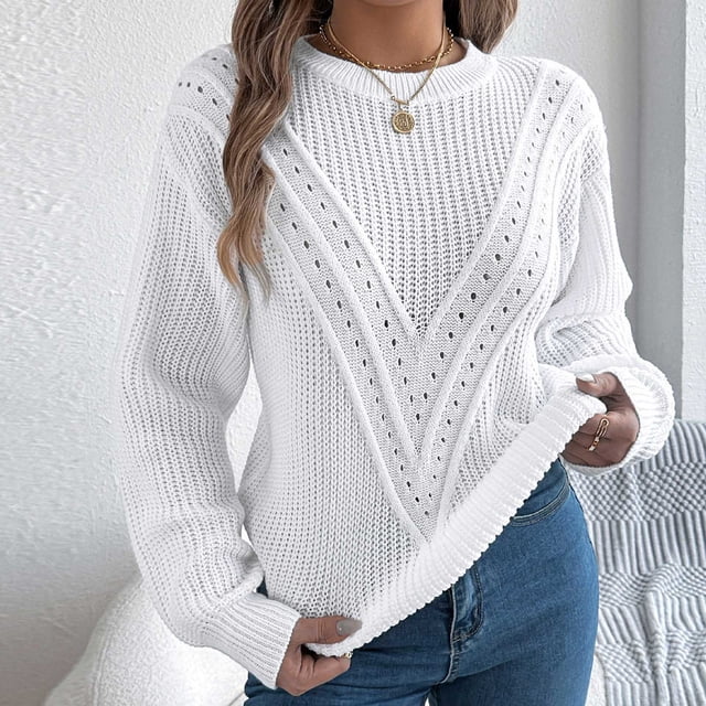 Suéter de cuello redondo para mujer, moda de invierno, informal, cuello redondo, elegante, color sólido, con volantes, manga larga, suéter, blusa de poliéster para mujer