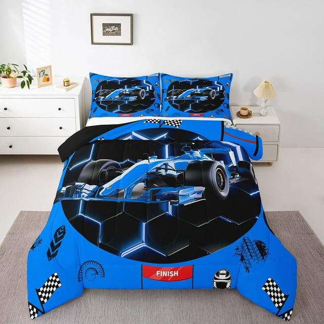 YST Blue Race Car Comforter Set Toddler Neon Honeycomb Racing Car Games Bedding Set For Kids Boys Teen,Racing Helmet Wheel Checkered Flag Bed Comforter Set Soft Lightweight Reversible Black