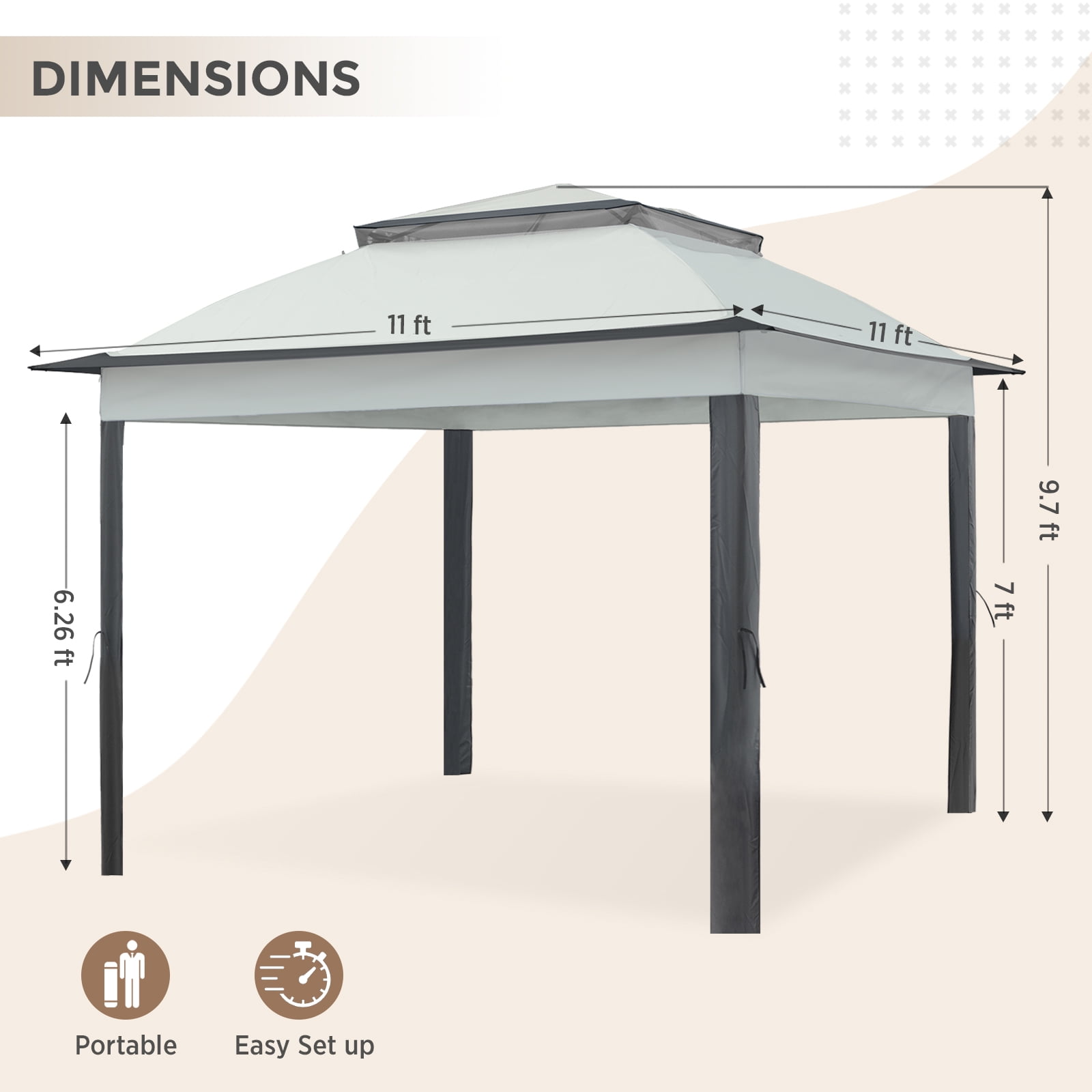 COOS BAY 11x11 Replacement Gazebo Top with Air Vent Sunshade Polyester Top Cover Only, Gray