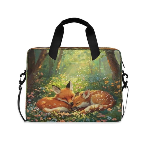 16inch Laptop Briefcase, Business Laptop Bag with Detachable Strap & Padded Compartment, Water-Resistant Polyester,A Cute Little Fox and Deer
