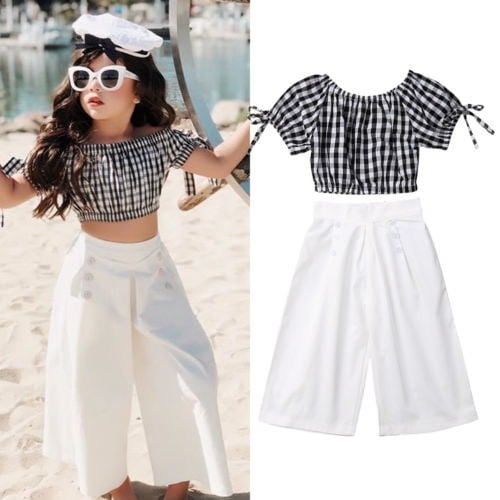 Kids Baby Girls Off Shoulder Checks Tops T-Shirt+Loose Pants Holiday  Outfits 