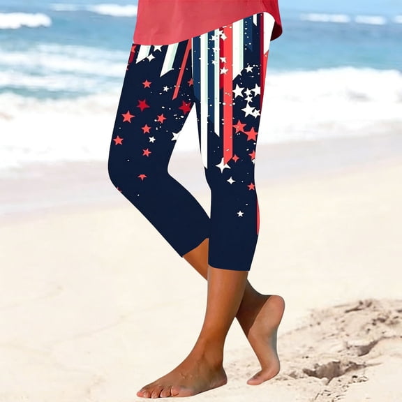 Cagogo Women Plus Size Capri Pants Elastic Waist Stretch Graphic Casual Beach Fit Leggings Summer Loose Cropped Lounge Trousers Beachwear Clothes, Navy M
