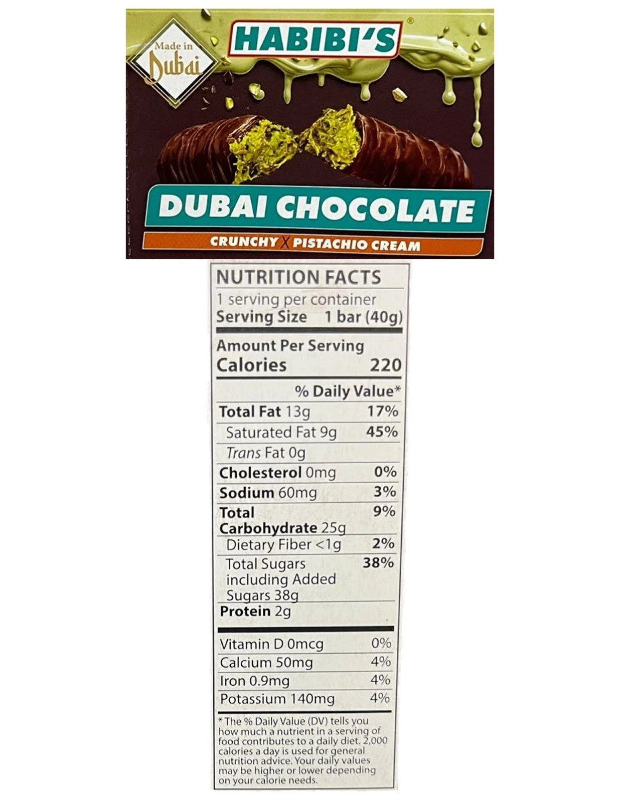 Habibi’s Dubai Chocolate Bars, Crunchy Pistachio Cream, 1.41oz (Pack of 24)