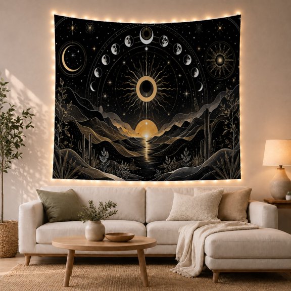 Celestial Sun and Moon with Desert Mountains on Black Background, Mystical Boho for Astronomy Fans, Astrological Wall Art, Housewarming Gift, Tapestry Wall Hanging for Bedroom and Living Room