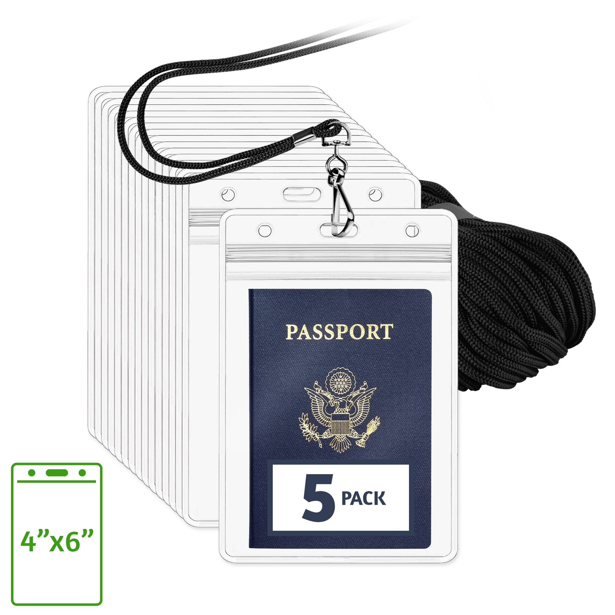 EcoEarth XL 4" x 6" Clear Vertical ID Badge Holder and Black Lanyard Set, 5 Pack (US Company