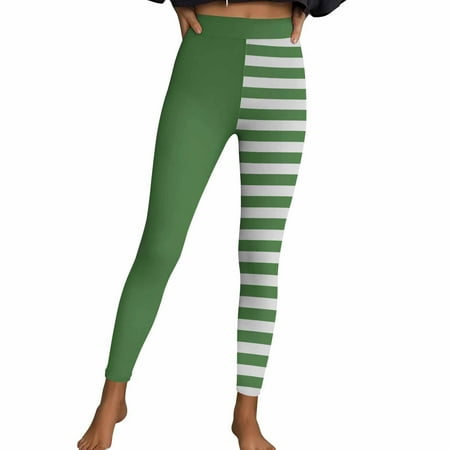 FYEGRE High Waist Striped Yoga Pants Full Length Workout Leggings With Pockets Soft Stretchy Athletic Wear For Women Running Gym Fitness Casual Green L