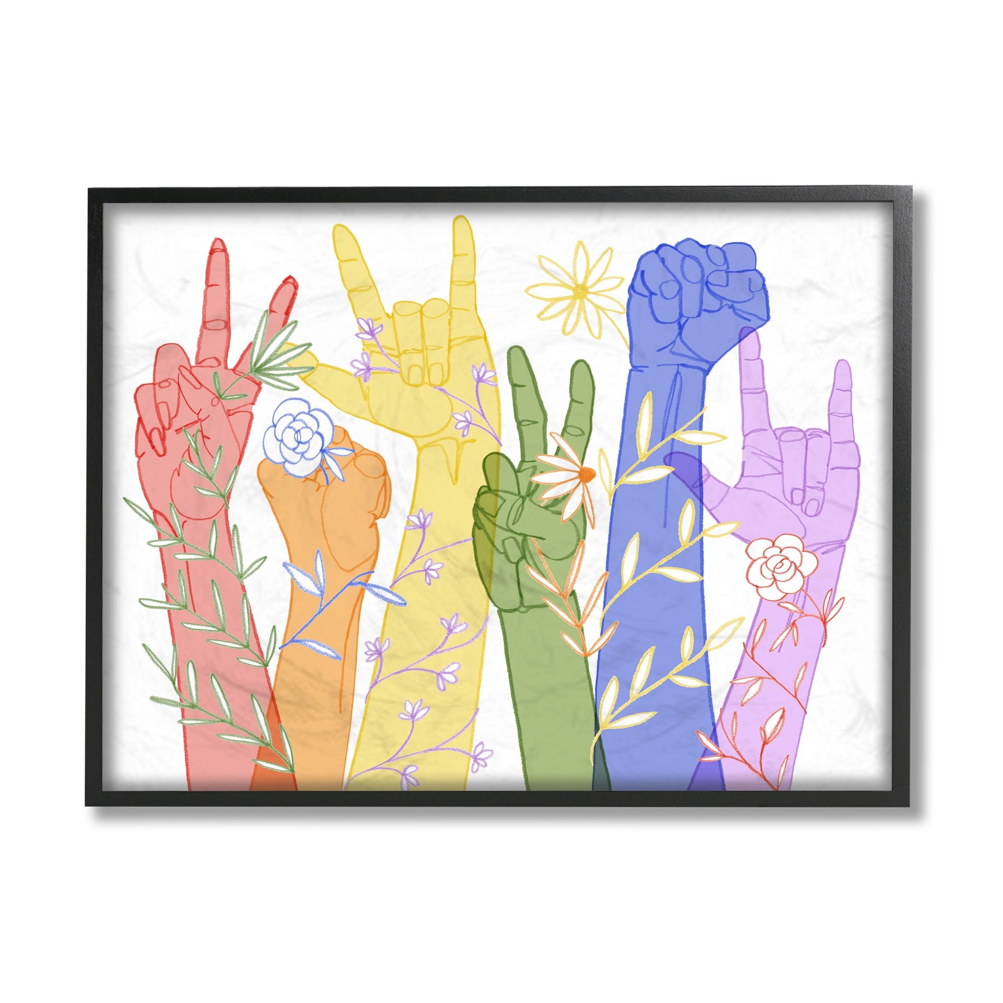 Stupell Industries Rainbow Peace Love Caring Hand Signs ASL Black Framed by Grace Popp