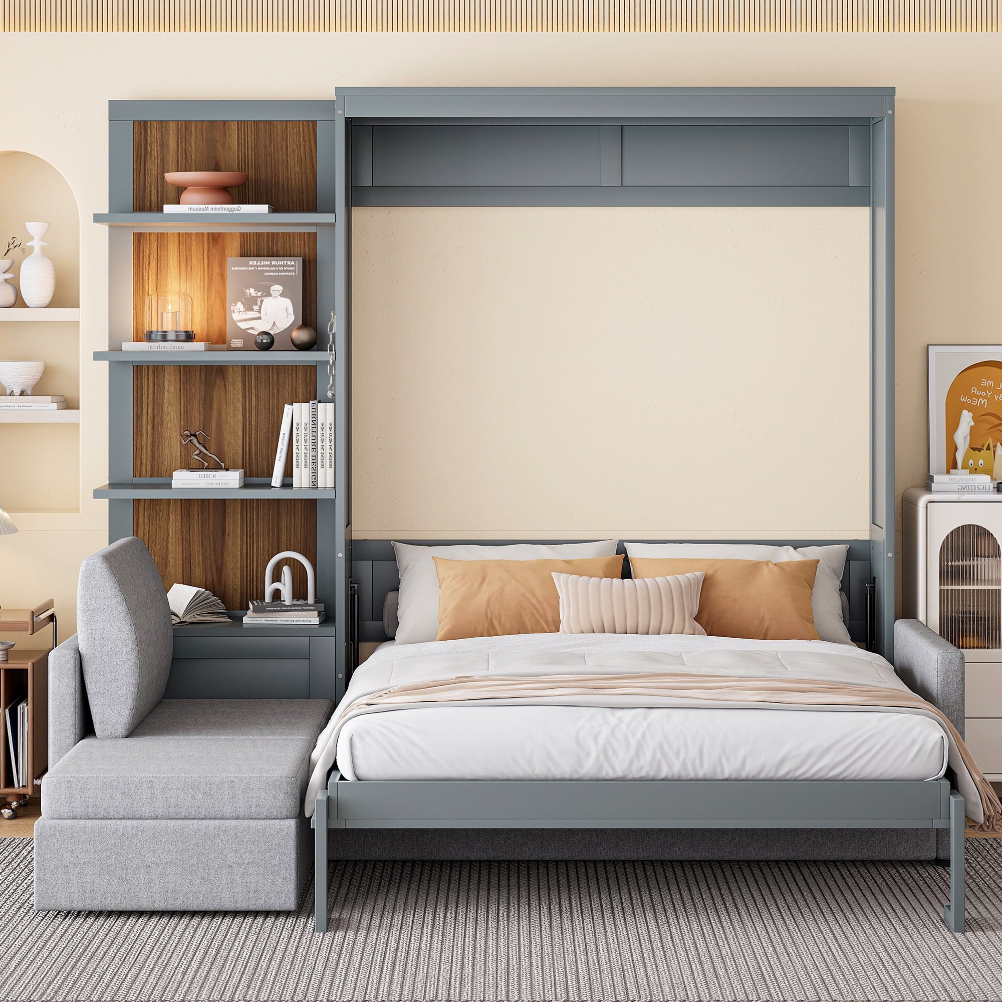 Queen Size Murphy Bed with L Shape Sofa and Open Shelves,Space-Saving for Small Space, Guest Room