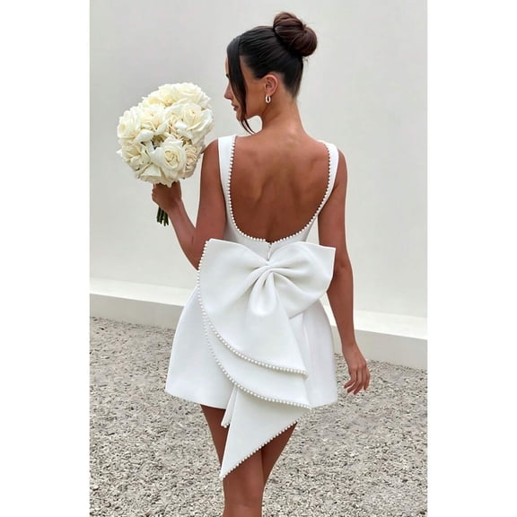 White Pearl-Trimmed Low Backless Sleeveless Bodycon Mini Dress With Oversized Bow Detail For Women