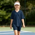 thumbnail image 5 of Girls 2pc Outfits Summer Solid Color Short Sleeve V Neck Drop Shoulder T-Shirts Basic Leggings Shorts Sets Navy 6-7 Years, 5 of 7