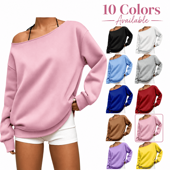 HappyYEE Women’s off the Shoulder Sweatshirt -Oversized Long Sleeve Versatile Sweatshirt - Fall Fleece Lined Daily Casual Layering Tops S
