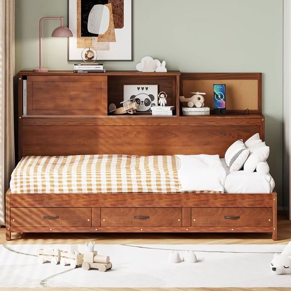 Euroco Wood Twin Size Daybed with 3 Drawers, Captain Bed with Shelves and USB Ports, Walnut