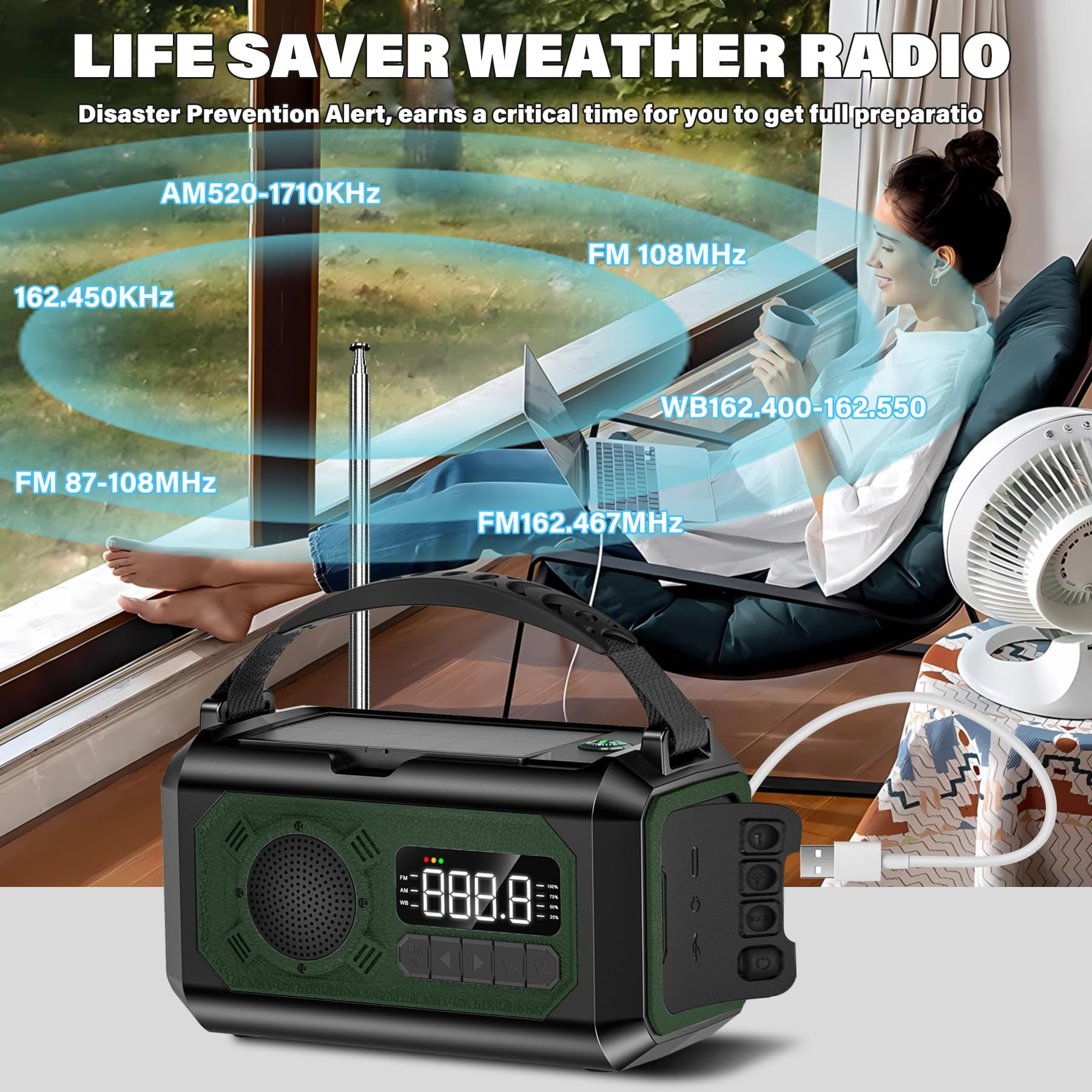 JOUALY 12000mAh Emergency Radio, AM/FM/NOAA Weather Radio,Portable Hand Crank Radio,Multi-Function Solar Radio,2 Solar Panels,USB Type-C Charging,Torch & LED Reading Lamp,SOS Alarm,Compass