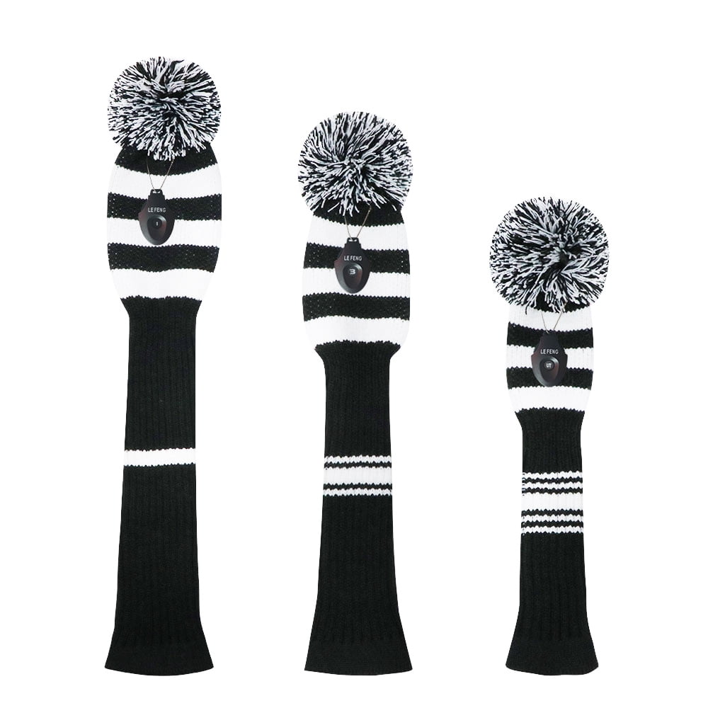 LeFeng 3Pcs Golf Club Head Covers Set Knitted Golf Head Covers for 460cc Driver Fairway Woods and Hybrid with Cute Pom Pom and Number Tag