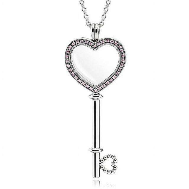 Sparkling Heart Large Key With Crystal Round Lockets Floating 925 Sterling Silver Necklace For Europe Bead Charm Diy Jewelry