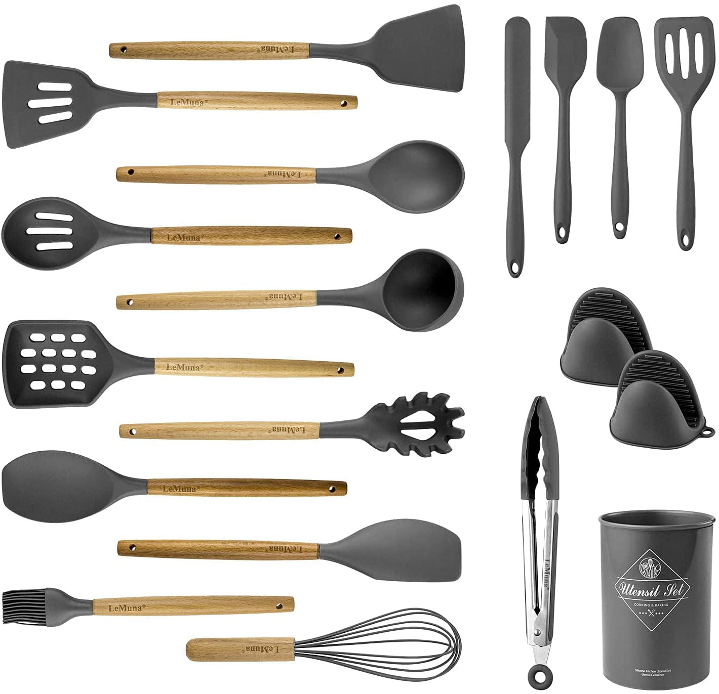 13 Pieces Heat-Resistant Suit High-Grade Wooden Handle, TLYCWC Silicone Kitchenware Gray Kitchen Utensil Non-Stick Pan, 