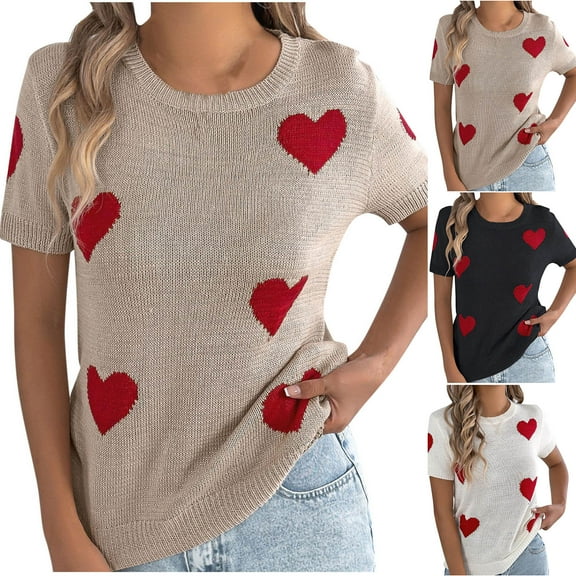 ZyeKqe Womens Short Sleeve Sweaters Heart Print Crewneck Pullover Knit Tops Lightweight Summer Tops